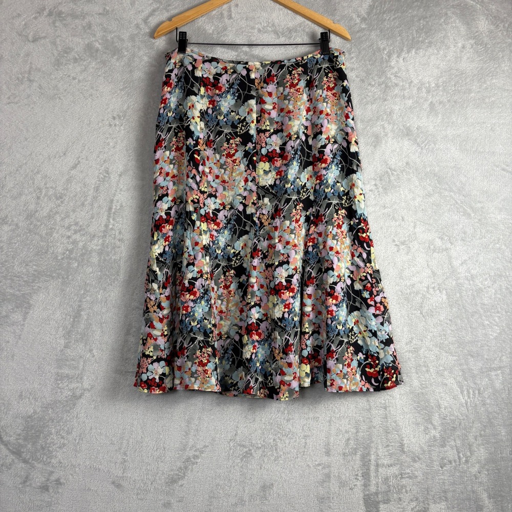 Jones New York Skirt Silk Floral A-Line 14P Black Multi Midi Career Romantic
